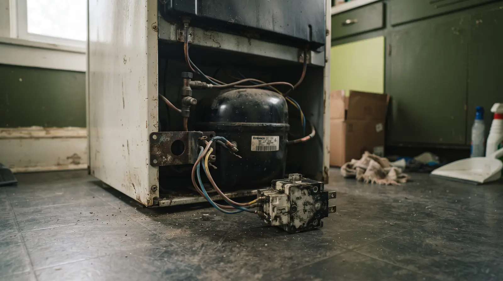 Start relay removed from the side of a refrigerator compressor