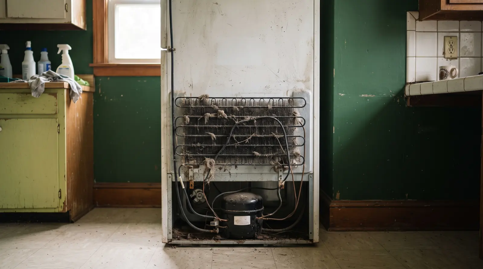 Refrigerator pulled out from the wall with the condenser coils exposed