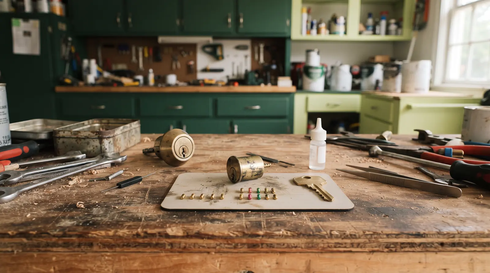 Lock cylinder plug removed with rekeying pins laid out on a workbench