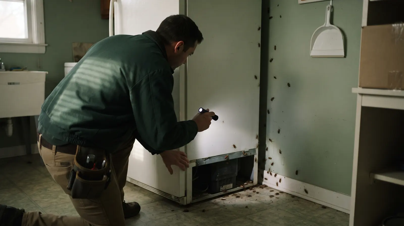 Technician inspecting behind a refrigerator with a torch