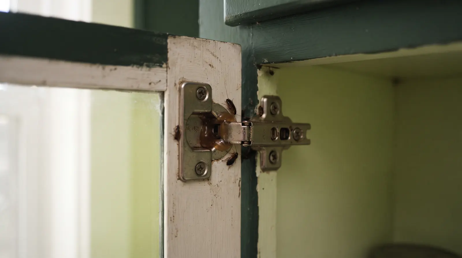 Gel bait applied inside a cabinet hinge in a kitchen