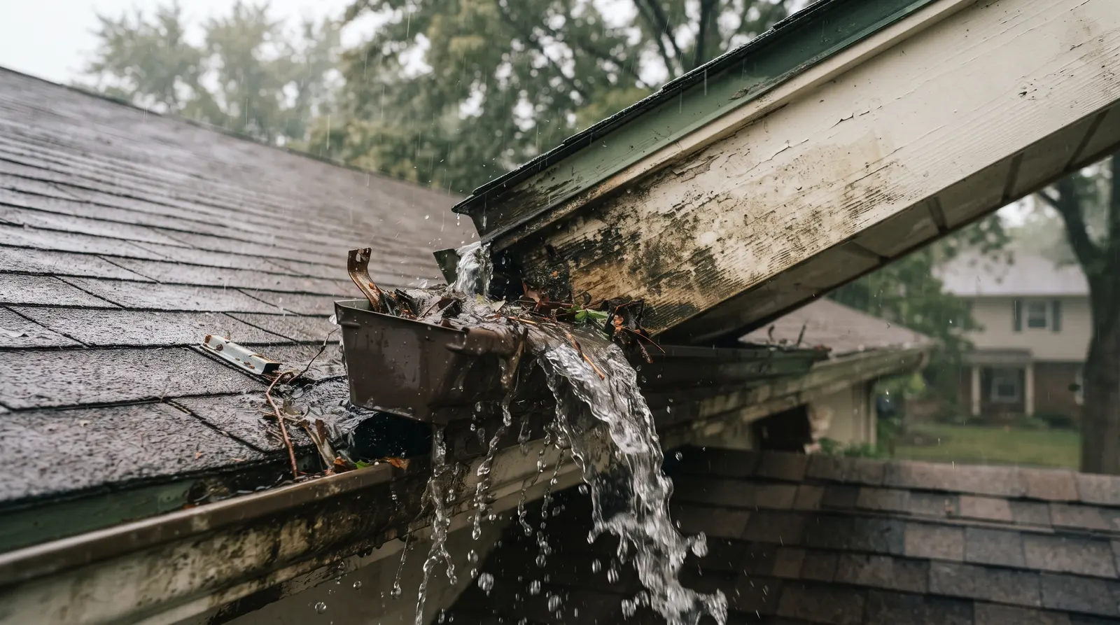Blocked gutter overflowing against a fascia board during rain