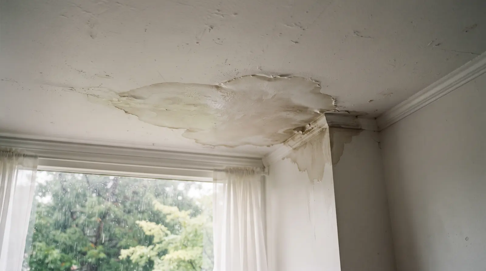 Water staining spreading across a ceiling during heavy rain