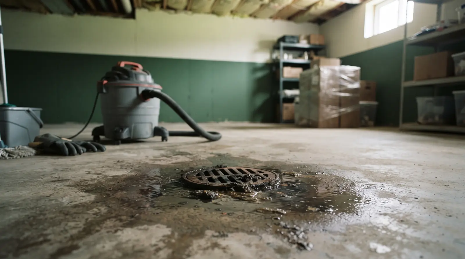 Floor drain with sewage backup in a residential basement