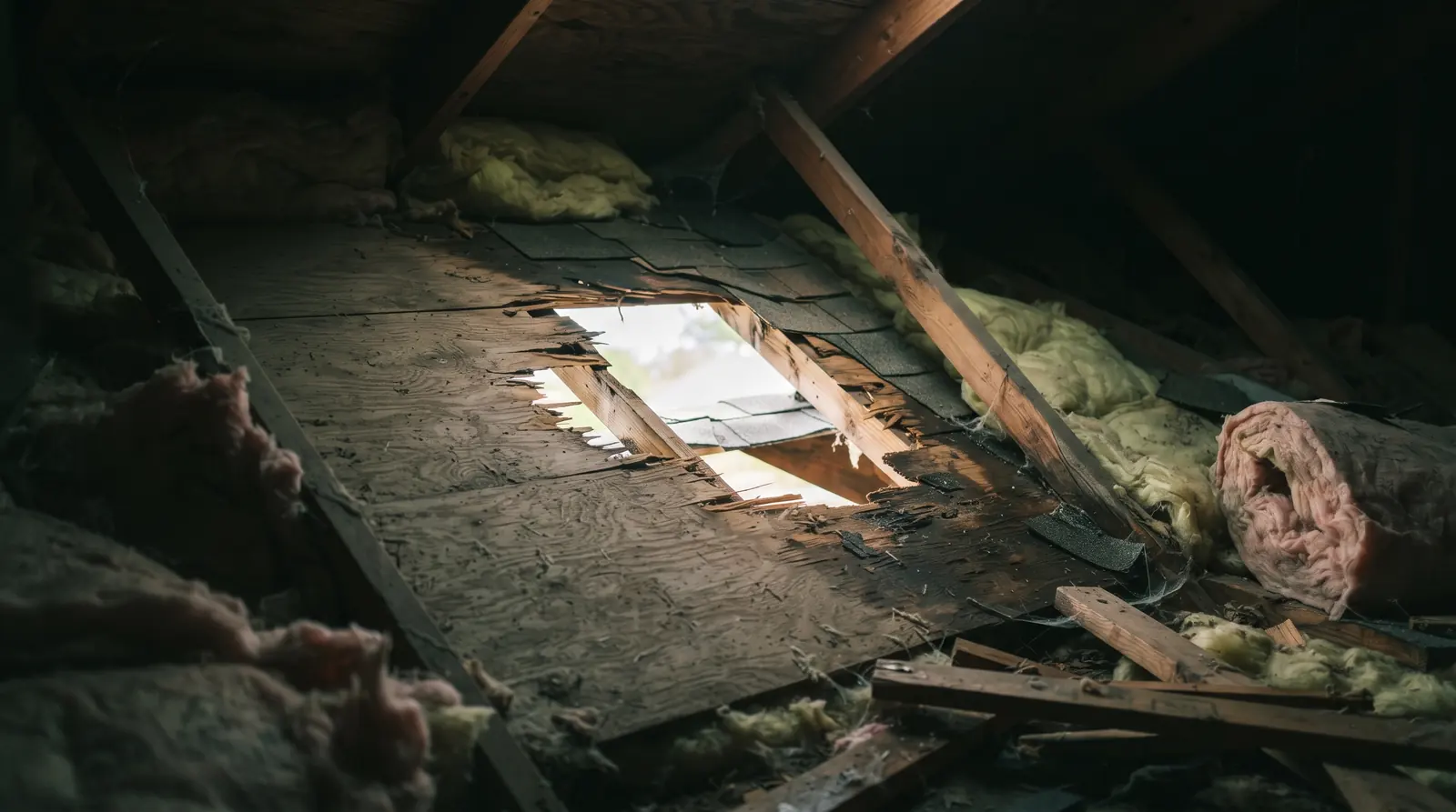 Daylight visible through damaged roof decking seen from inside an attic