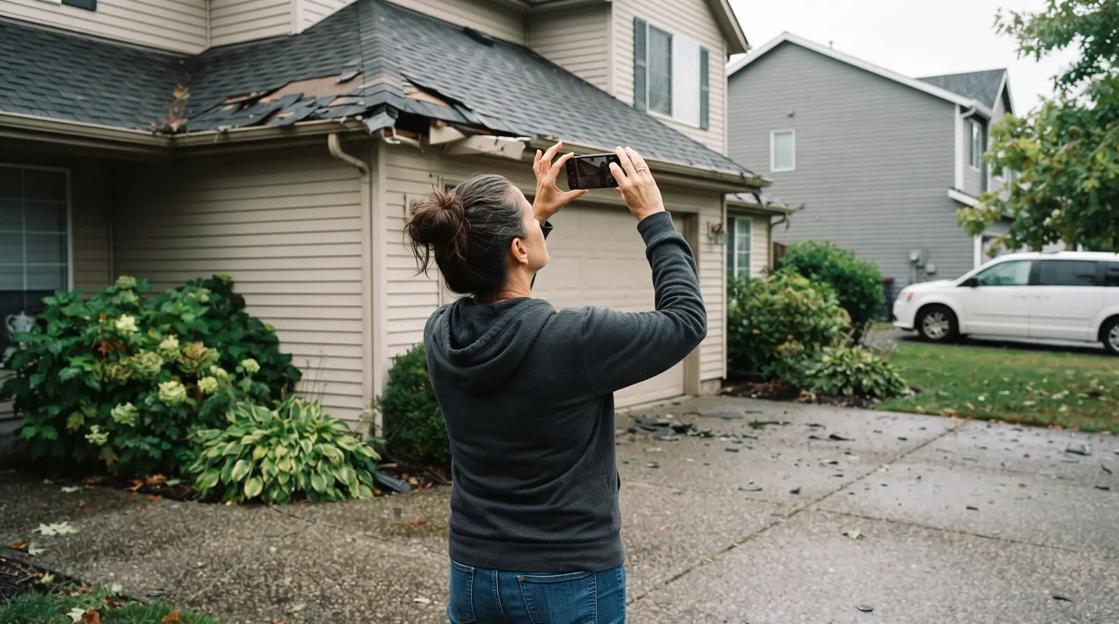Homeowner photographing a damaged roofline from ground level