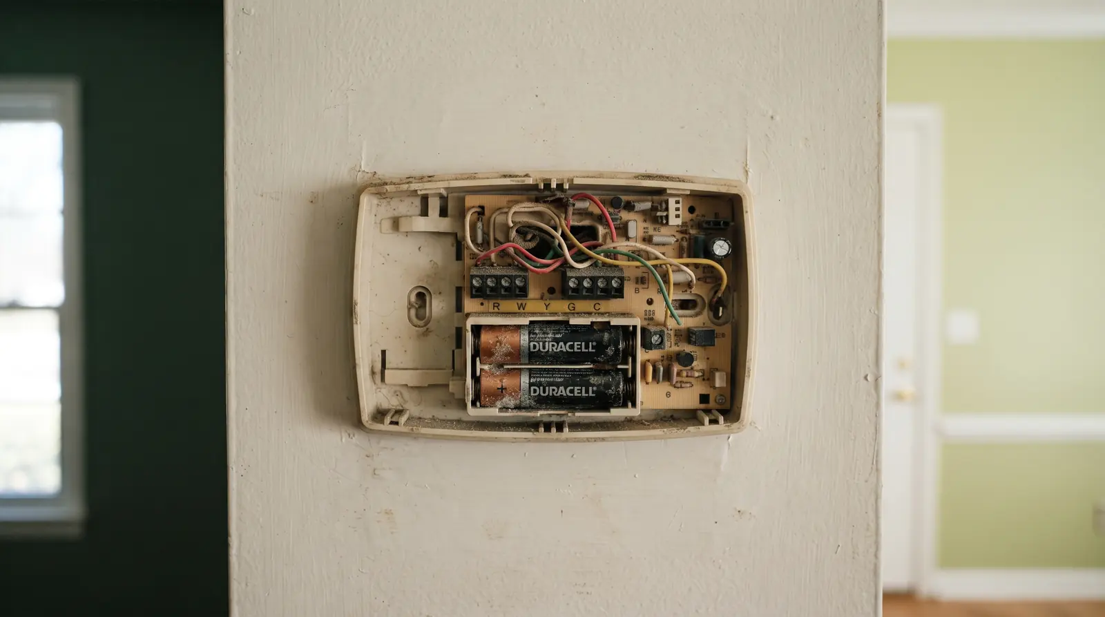 Wall thermostat with the cover removed showing the battery compartment
