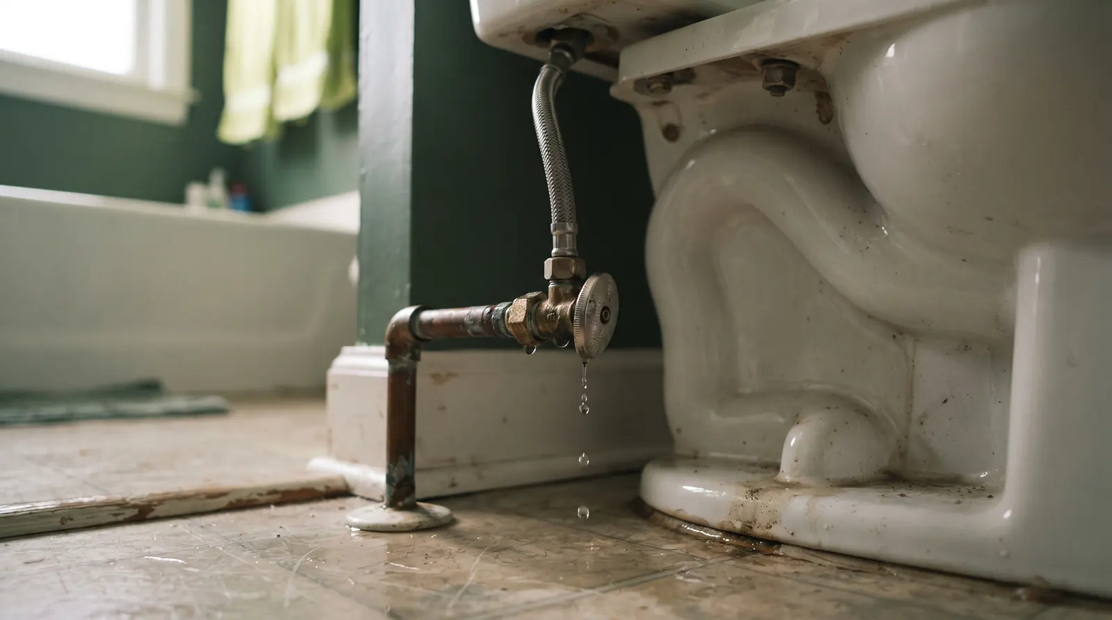 Toilet shut-off valve on the supply line behind a ceramic pan