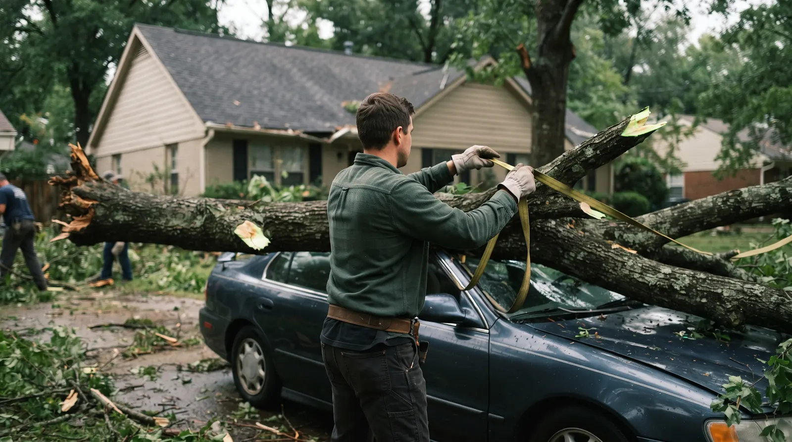 Crew preparing to lift a fallen tree off a damaged vehicle