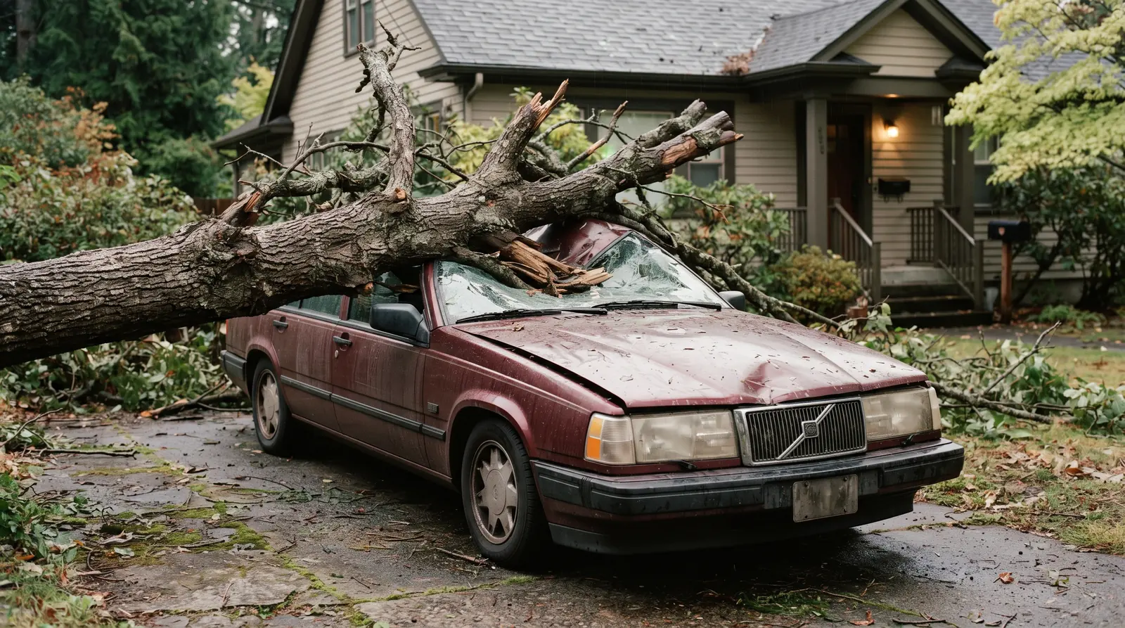 Fallen tree resting across the roof of a parked car