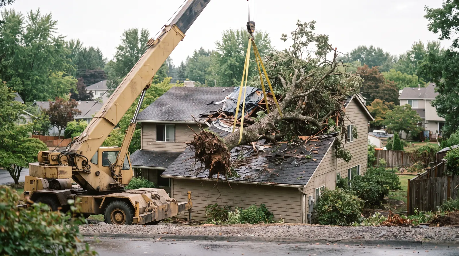 Crane lifting a fallen tree from a damaged roof