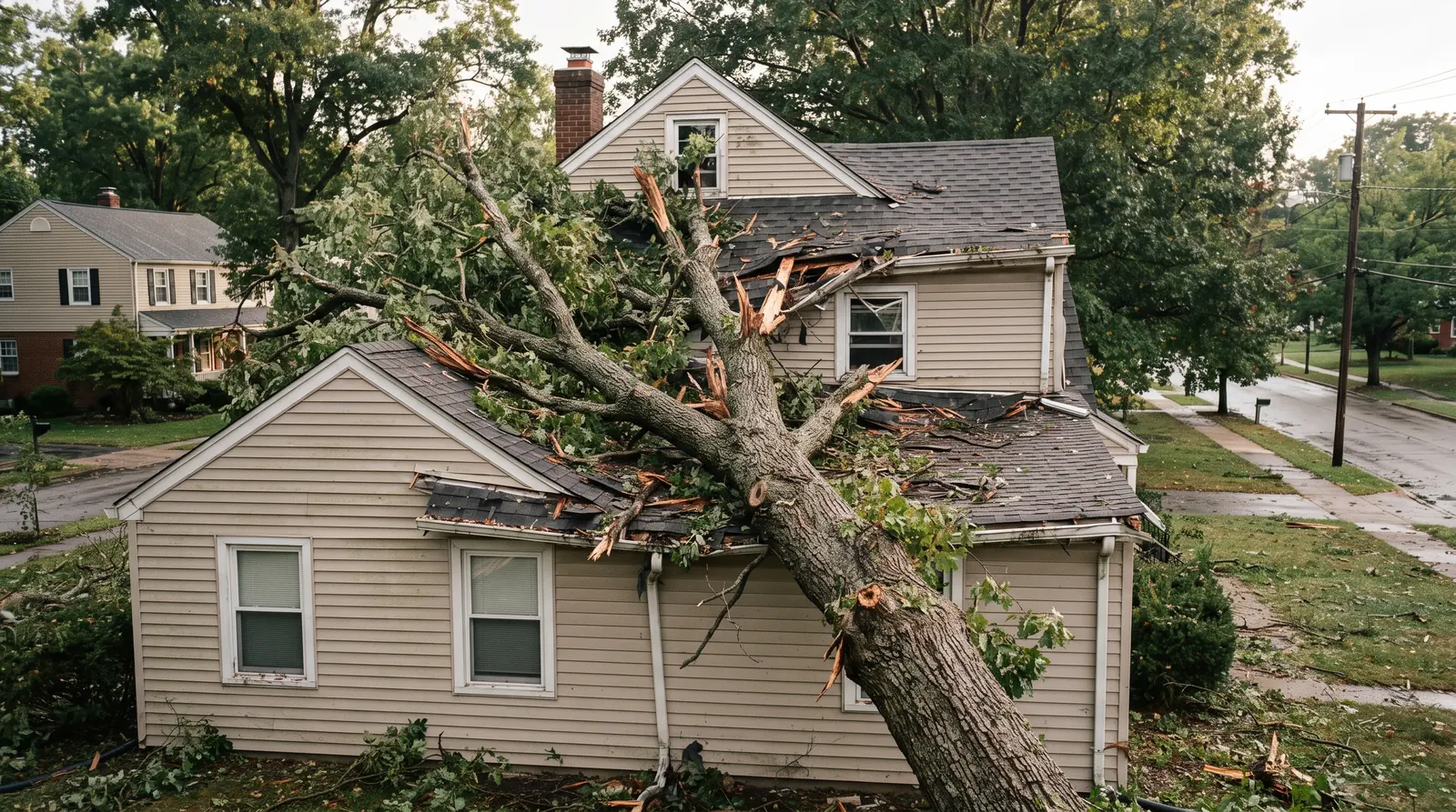 Large tree resting across the roof of a residential property