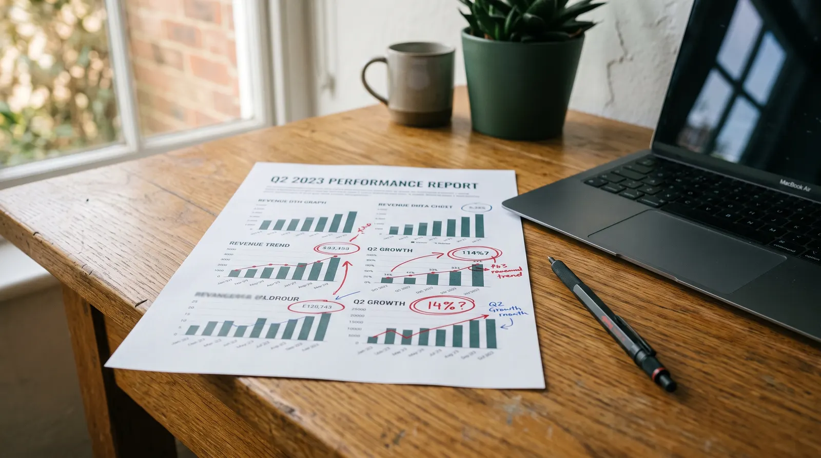 Printed performance report with charts on a desk beside a laptop