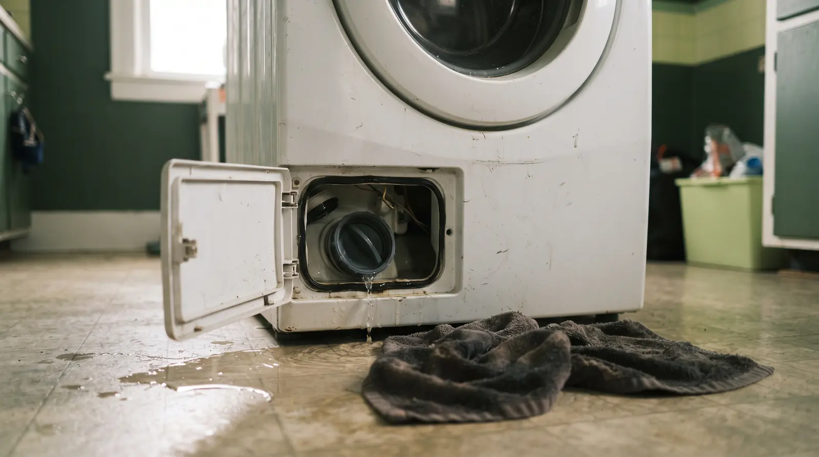Pump filter access panel open at the lower front of a washing machine