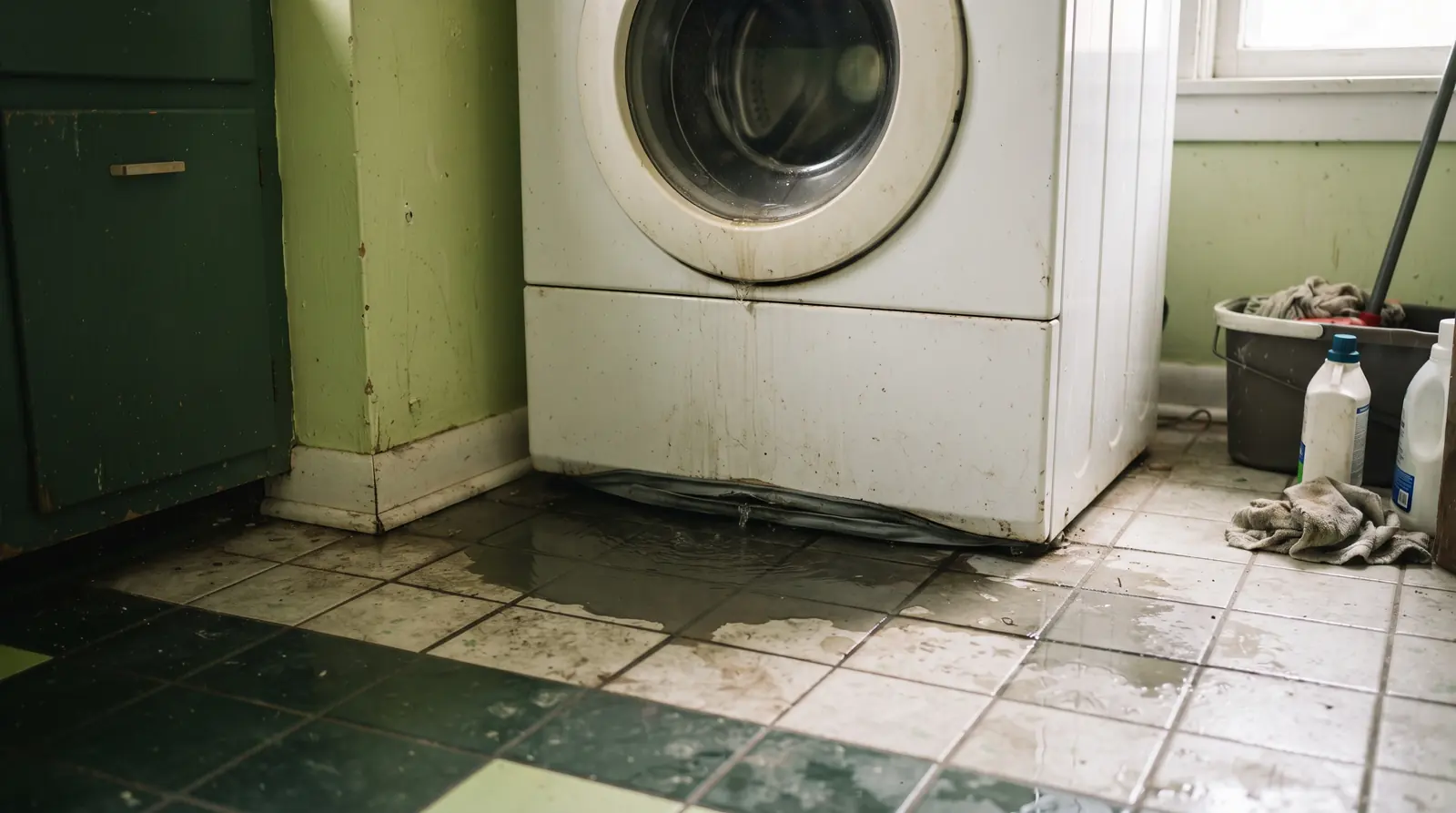 Water pooling on the floor beneath a front loading washing machine