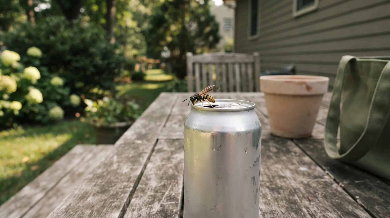 Wasp on the rim of a drink can at an outdoor table