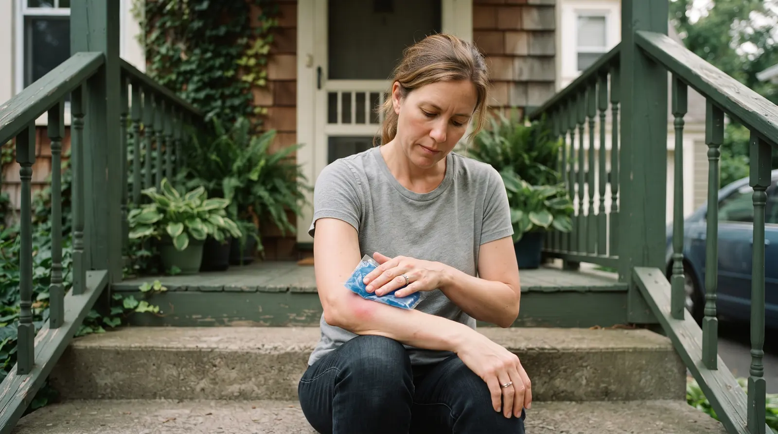 Cold compress applied to a sting site on a forearm