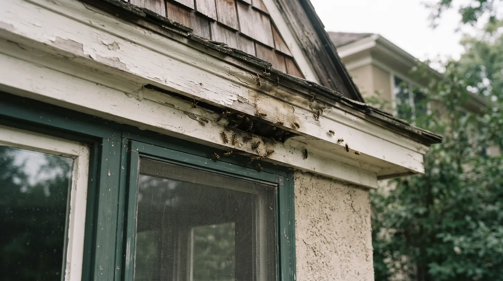 Wasps entering a gap in a soffit above a window