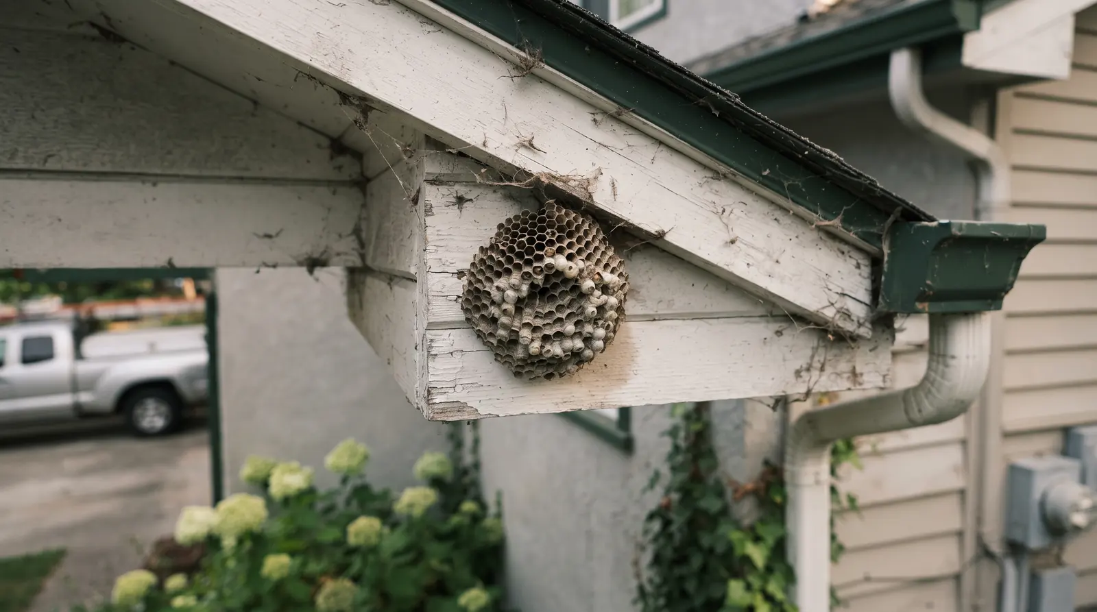 Paper wasp comb under the eaves of a residential roof