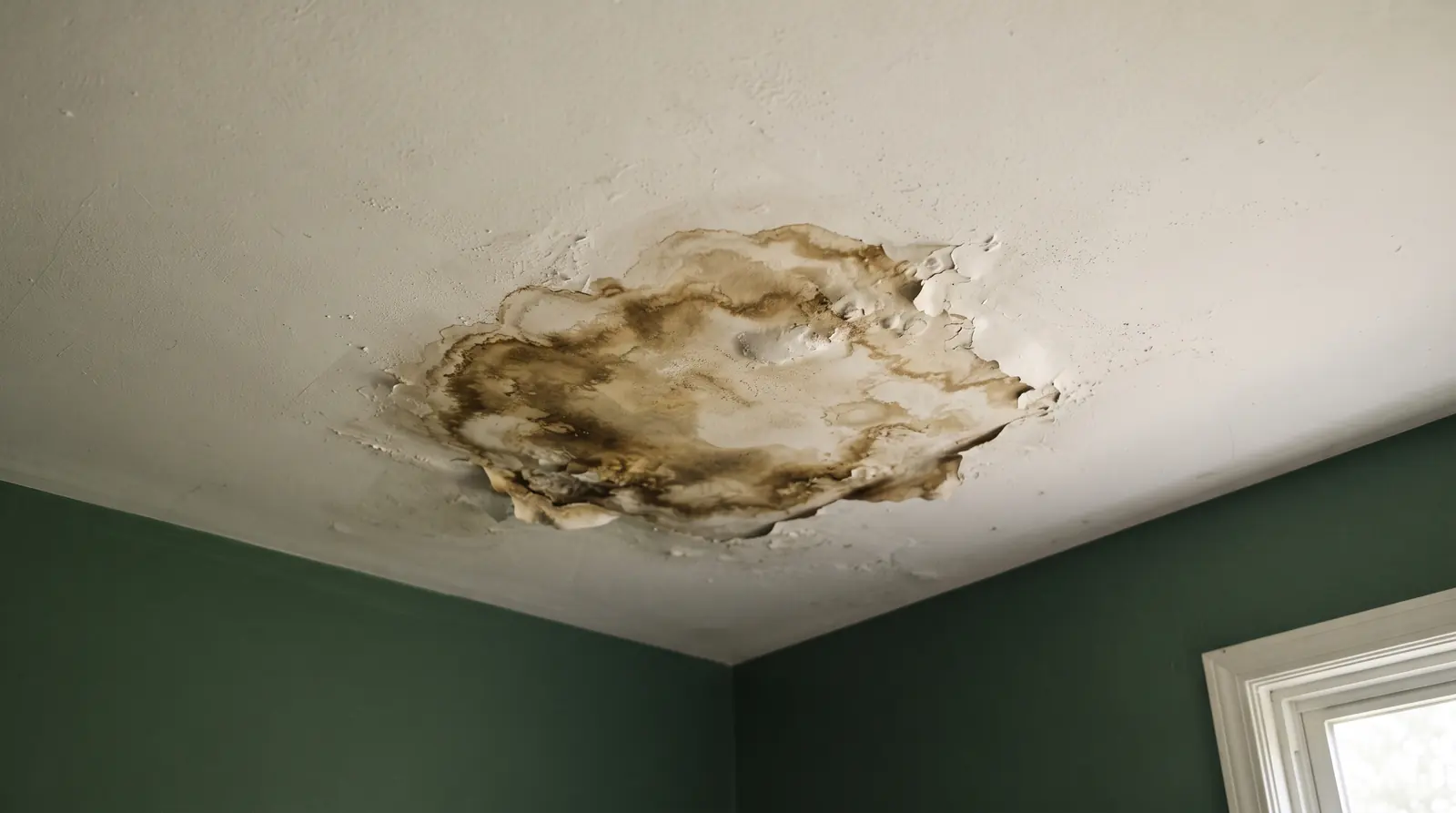 Brown water stain spreading across a painted ceiling