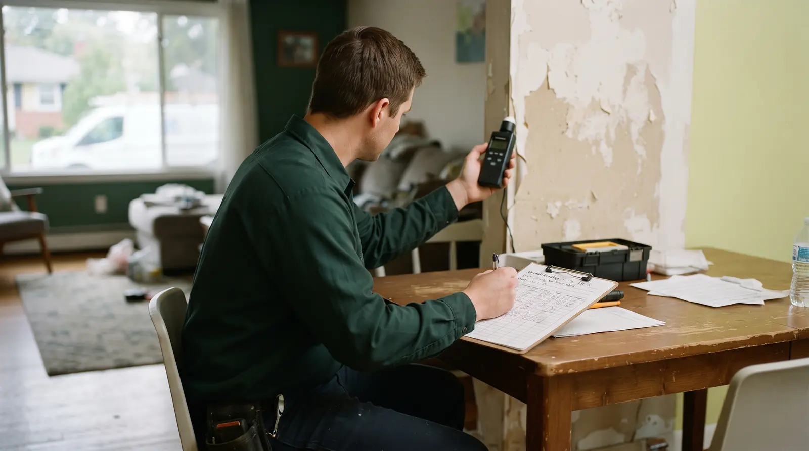 Restoration technician logging a moisture meter reading on a drying chart