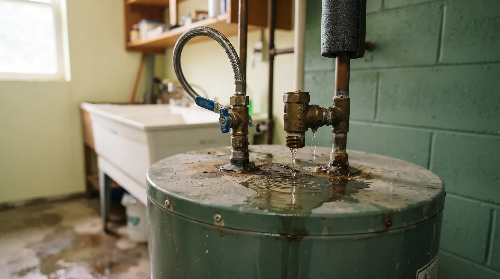 Storage water heater with cold inlet valve and temperature and pressure relief valve visible