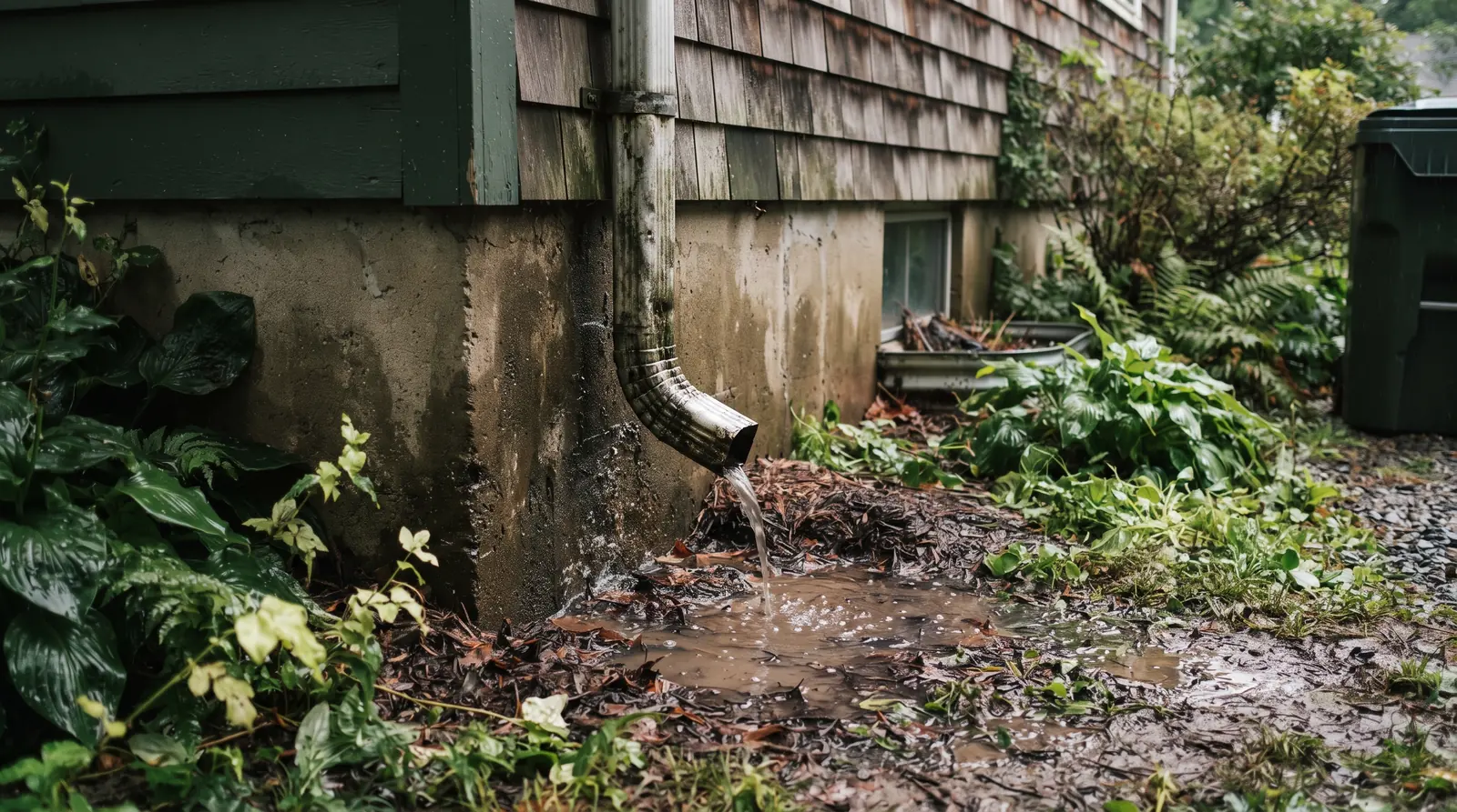 Downspout discharging beside a house foundation after heavy rain
