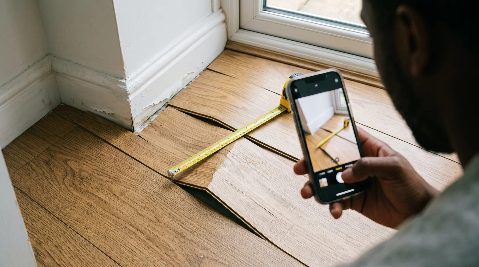Phone photographing water-damaged flooring with a tape measure laid for scale