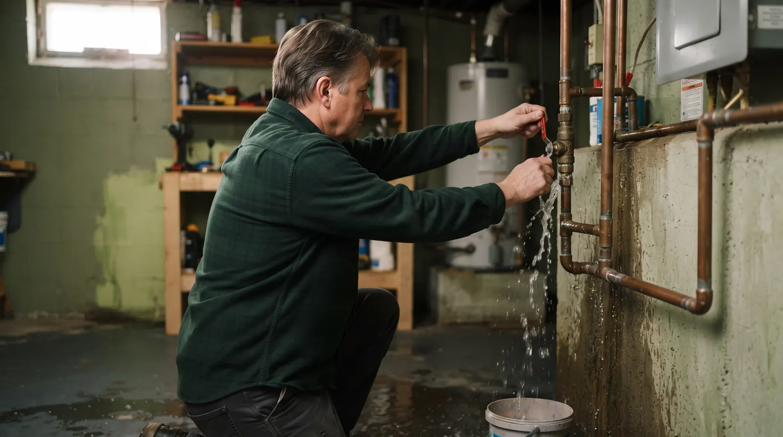 Homeowner closing a lever-handle water shut-off valve in a basement